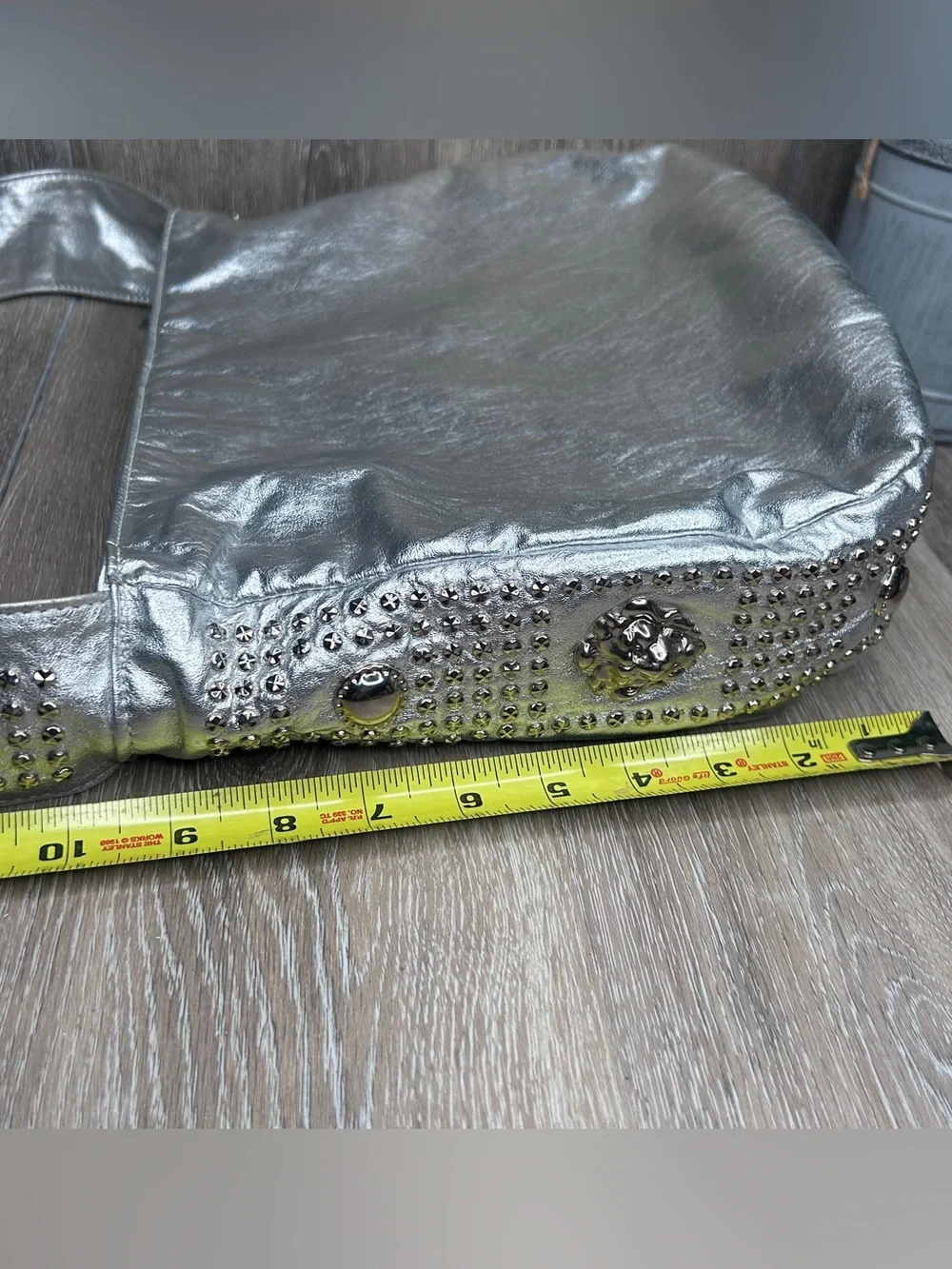 Bags by Pinky • Metallic Silver Studded Shoulder Bag • Genuine Leather •USA Made - Picture 11 of 12